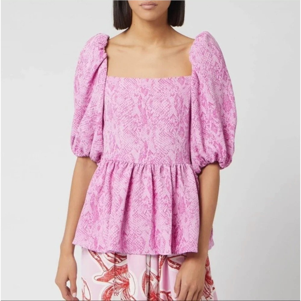 Stine Goya Medium Irene Peplum Top Pink Snakeskin Puff Sleeve Square Neck Scandi